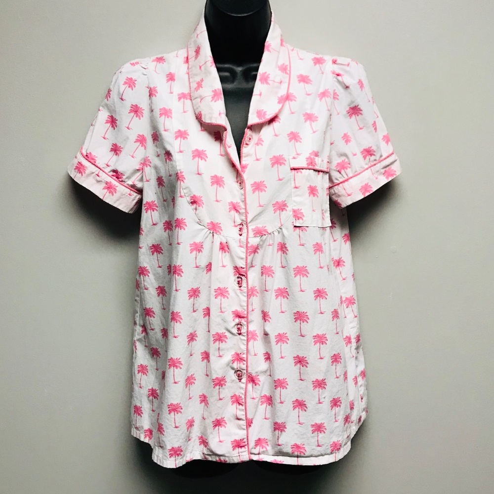 Women's Pink Palm-Print Button Front Top